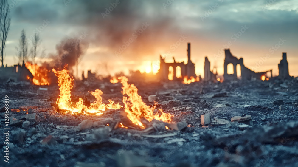 Naklejka premium Burning debris and crumbling buildings silhouetted against fiery sunset sky, depicting urban devastation and aftermath of conflict