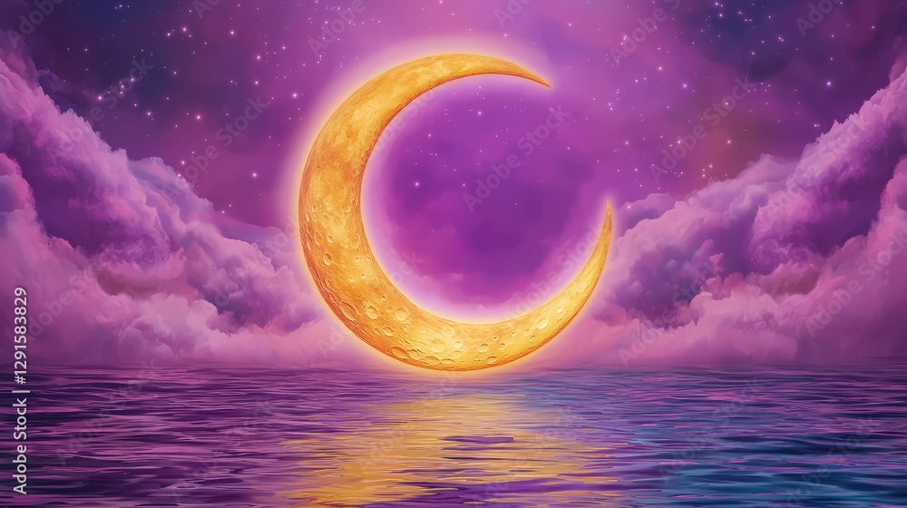 Obraz premium Mystical celestial moon aura. A vibrant crescent moon glows above a tranquil sea, surrounded by purple clouds and twinkling stars, creating a serene night scene.