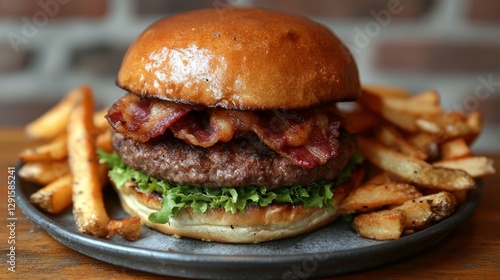 Fototapeta Naklejka Na Ścianę i Meble -  Juicy bacon burger fries restaurant brick wall menu