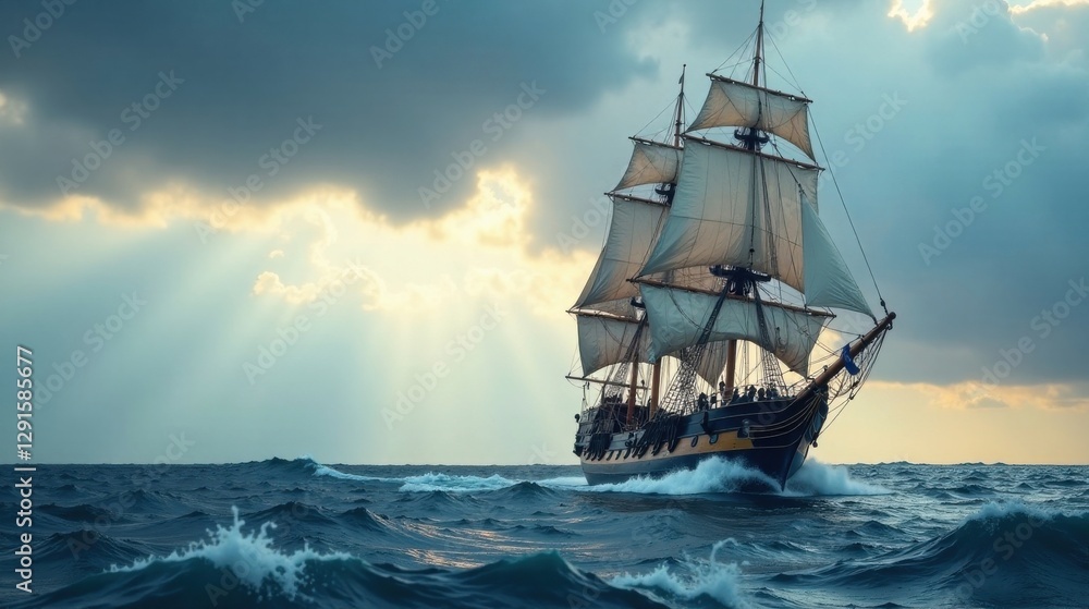 Majestic Tall Ship Sailing Through Dramatic Ocean Waves Under a Sunlit Sky Majestic Tall Ship Sailing Through Dramatic Ocean Waves Under a Sunlit Sky