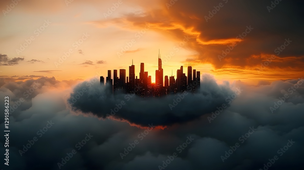 Naklejka premium Futuristic floating city with holographic skyscrapers and structures hovering above ethereal cloud formations at dramatic sunset with a dark moody atmosphere