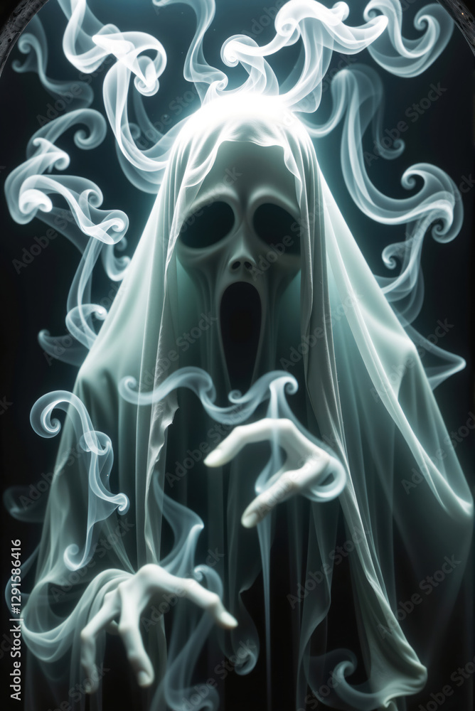 Fototapeta premium Scary ghost appearing from the dark with smoke surrounding it