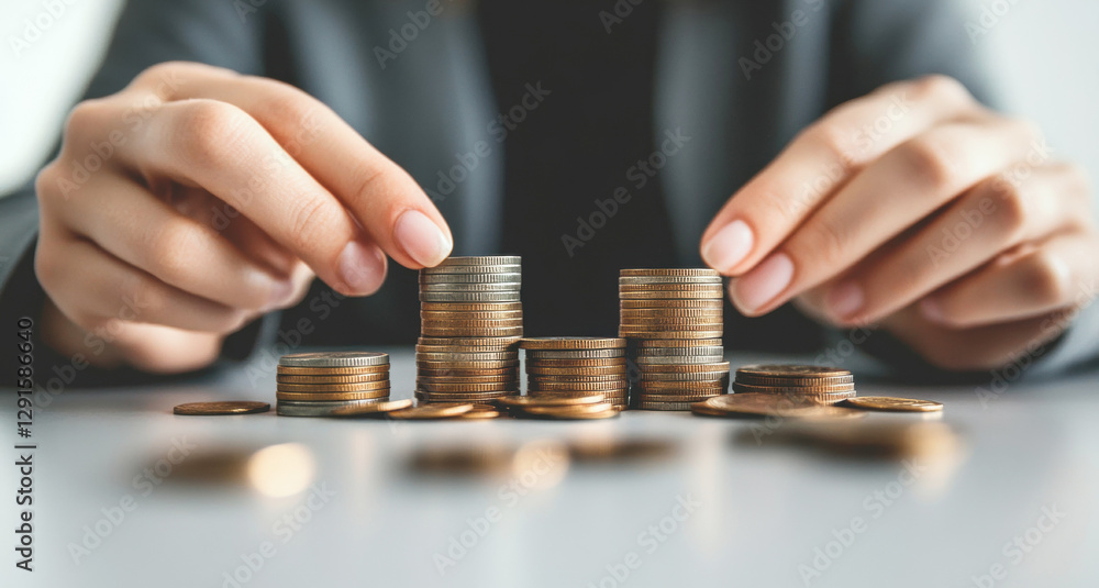 Woman arranging and stacking coins on white table, managing her personal finances, saving money, and planning budget Woman arranging and stacking coins on white table, managing her personal finances, saving money, and planning budget
