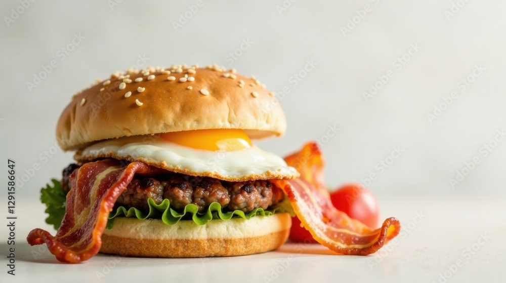 Scrumptious Sesame Seed Bun Burger with Fried Egg and Crispy Bacon Scrumptious Sesame Seed Bun Burger with Fried Egg and Crispy Bacon