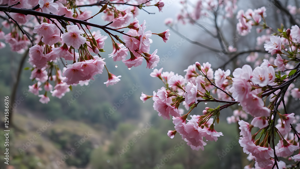 Bright pink cherry blossoms adorned with raindrops after a gentle shower. Bright pink cherry blossoms adorned with raindrops after a gentle shower.