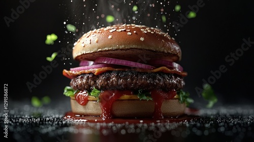 Juicy burger sizzling, sauce dripping, dark background, food photography photo