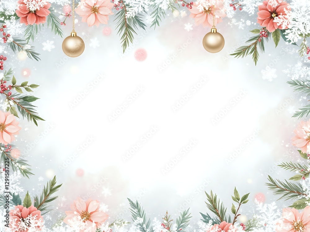 Delicate floral frame with festive ornaments and snowflakes Delicate floral frame with festive ornaments and snowflakes