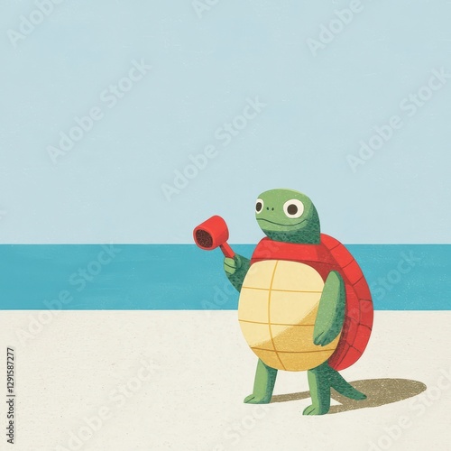 Playful Turtle Acting as Lifeguard on Sunny Beach Holding Whistle with Calm Ocean in Background