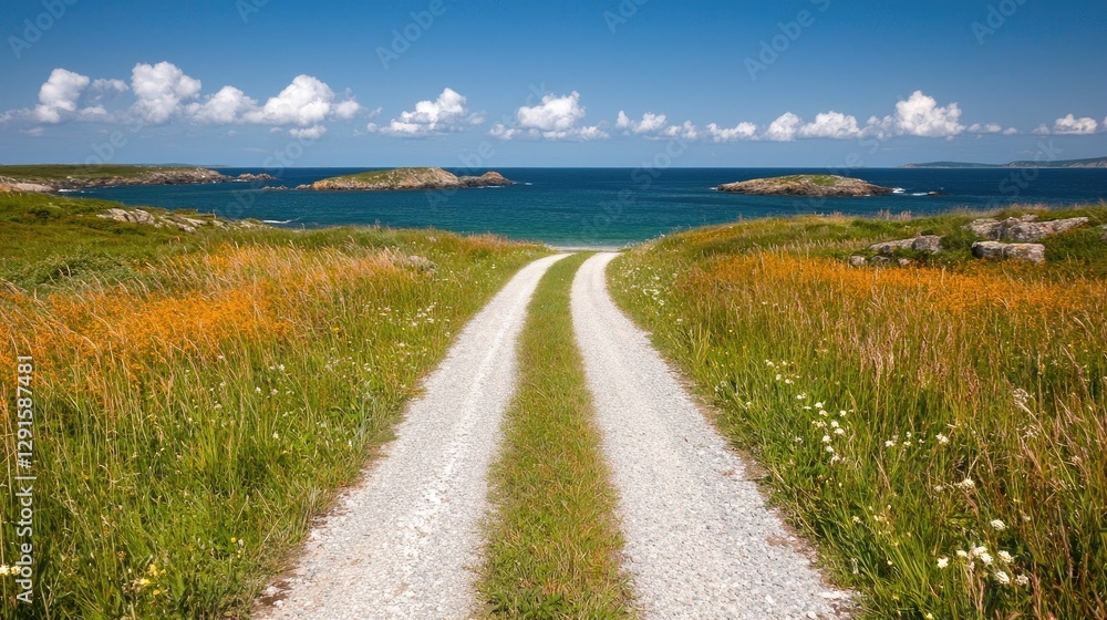 Coastal road leading to secluded beach, sunny day