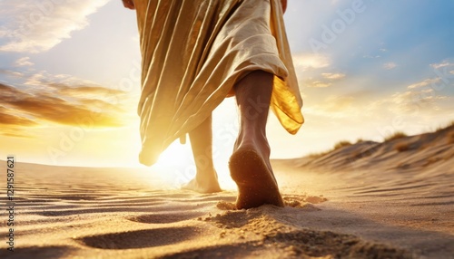Close-up of the feet of Jesus walking on the sand towards the rising sun. Generated with AI