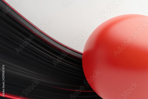 Curved black lines contrast with vibrant red sphere, creating dy