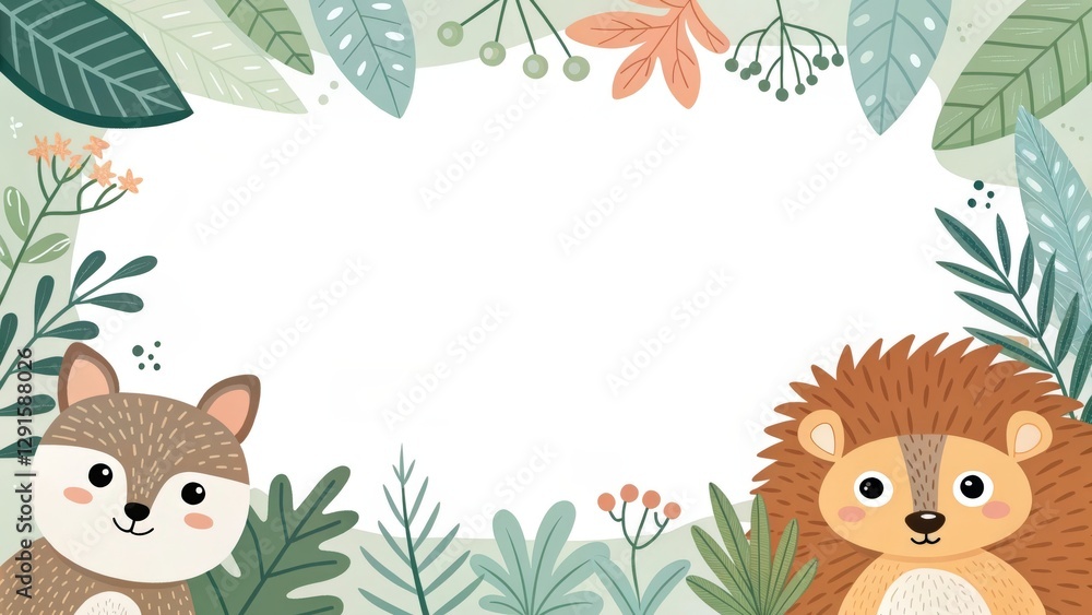 Obraz premium a cute illustration of a squirrel and a lion in a frame with leaves, creating a charming, nature-inspired design