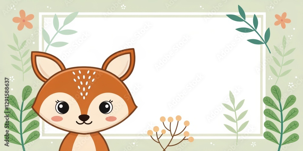 a cute cartoon deer standing in front of a blank frame, surrounded by flowers and leaves. perfect for adding text or creative designs a cute cartoon deer standing in front of a blank frame, surrounded by flowers and leaves. perfect for adding text or creative designs