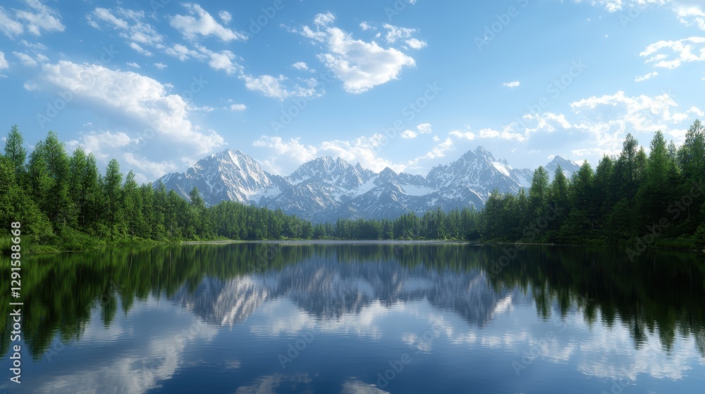 Serene Mountain Landscape with Reflective Lake and Lush Green Forest Under Clear Blue Sky Serene Mountain Landscape with Reflective Lake and Lush Green Forest Under Clear Blue Sky