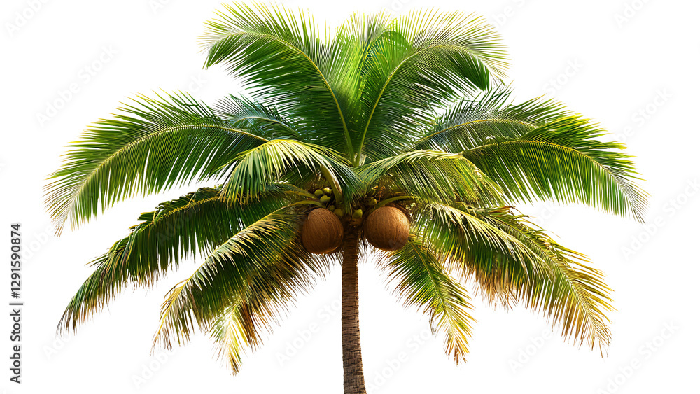 Obraz premium a tropical palm tree with green fronds and coconuts hanging from its branches