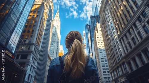 A Woman's Back View Gazing at the Majestic New York City Skyline