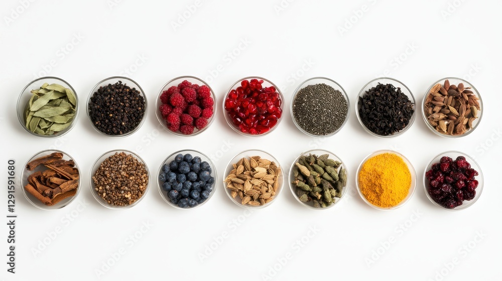 A Vibrant Collection of Dried Spices, Herbs, and Seeds in Small Glass Bowls on a White Background A Vibrant Collection of Dried Spices, Herbs, and Seeds in Small Glass Bowls on a White Background