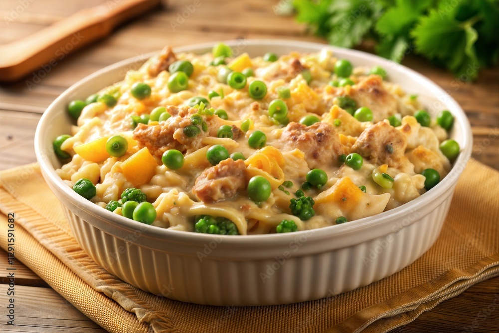 Tuna Casserole with Peas on Golden Background Tuna Casserole with Peas on Golden Background