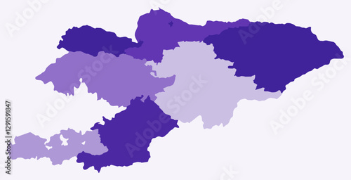 Map of Kyrgyzstan with regions. A simple country border map with region division. Deep purple color palette. Plain Kyrgyzstan shape with administrative division. Vector illustration.
