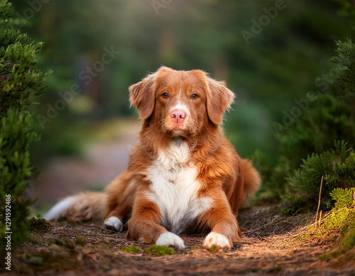 nova scotia duck tolling retriever lying down and looking at camera