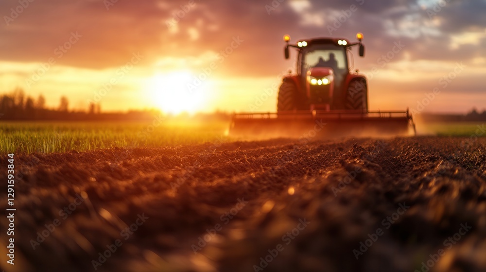 Fototapeta premium Tractor in field during sunset with vibrant sky and dusty soil.