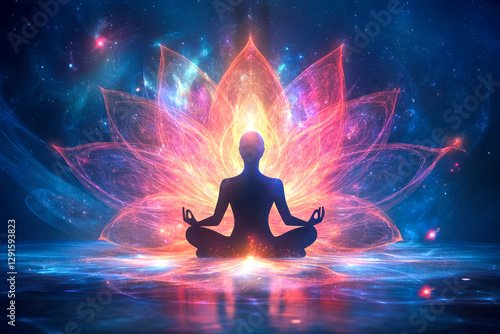 Silhouette of a meditating person in a cosmic space with glowing lotus energy radiating behind, symbolizing spirituality and inner peace