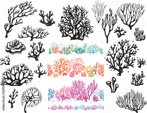Corals and seaweed silhouette set, Aquatic plant, algae, tropical seabed vector elements and bordersAdobe Illustrator Artwork