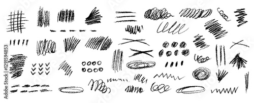 Set of chalk scribble frames and line brush elements. Collection of white wax pencil drawn highlighter spots and cross shapes. Rough crayon vector illustration. Squiggles in children style.