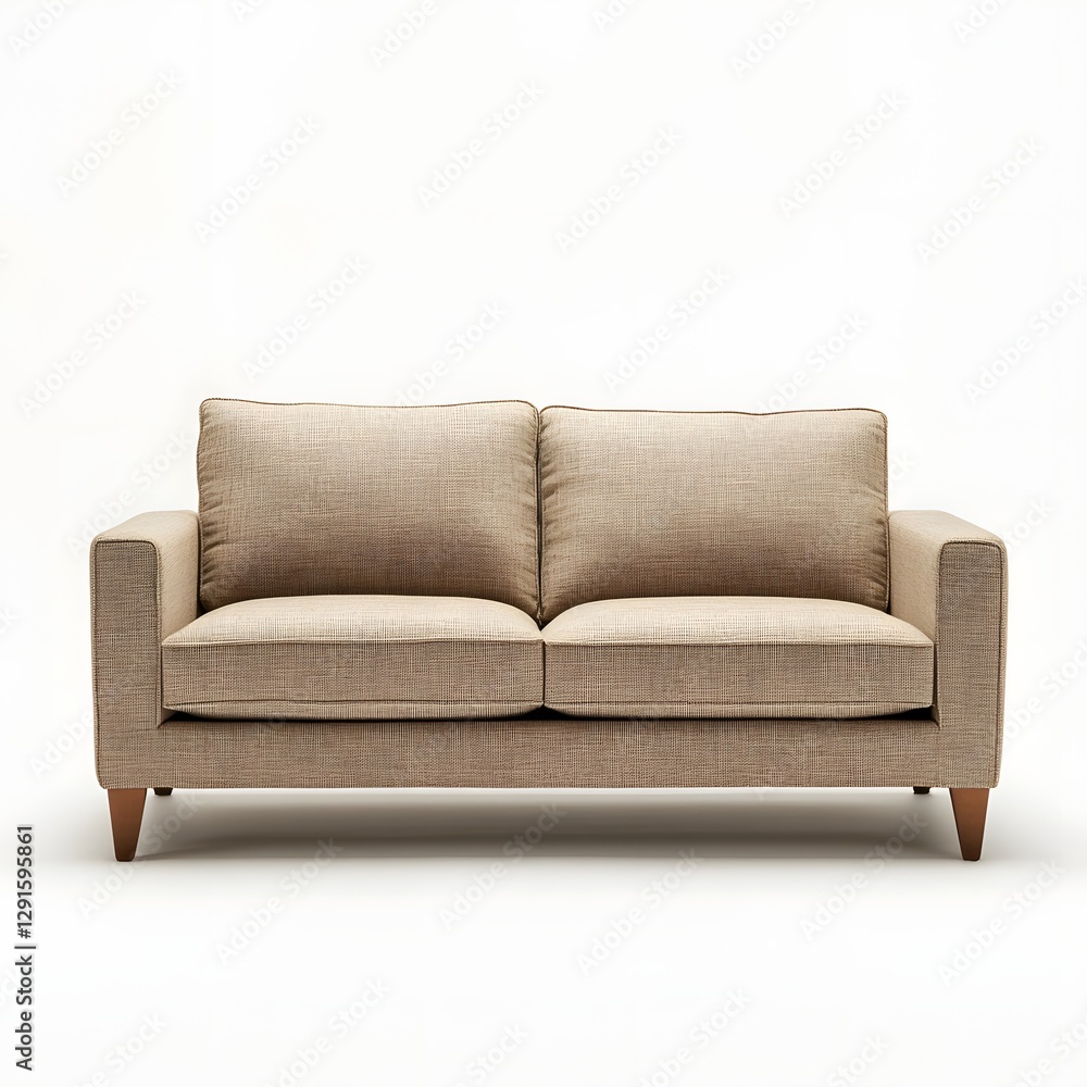 Fototapeta premium Minimalist Beige Upholstered Sofa on White Studio Backdrop