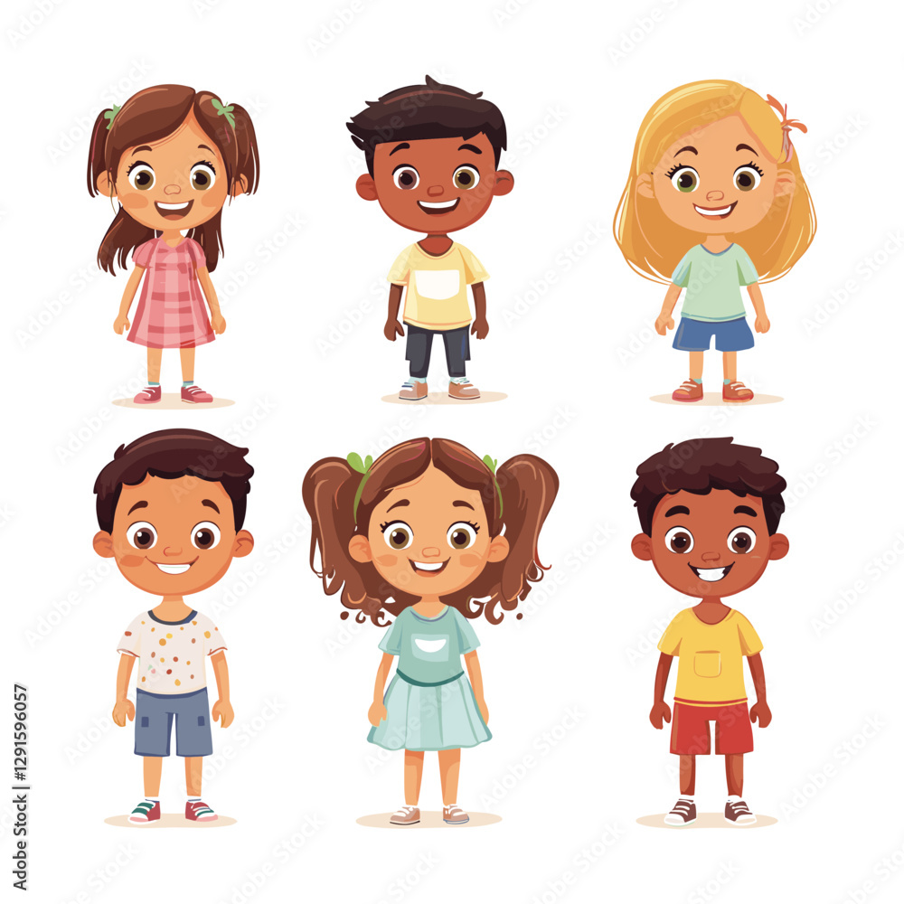 Set of Happy multiethnic preschool girls and boy standing in different expression, Cute Children Characters Set of Happy multiethnic preschool girls and boy standing in different expression, Cute Children Characters