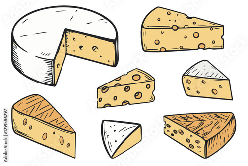 Graphic sketch of various cheeses. The style of a classic vintage hand-drawn ink illustration. In White and yellow. isolated on a white background