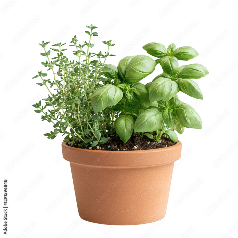 A Decorative Potted Herb Garden with Basil and Thyme Isolated on Transparent Background A Decorative Potted Herb Garden with Basil and Thyme Isolated on Transparent Background