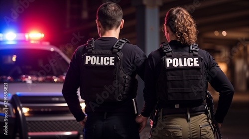 Two Police Officers on Duty at Night – Law Enforcement and Public Safety