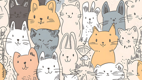 doodle vector background featuring hand-drawn cats, dogs, and rabbits on a light pastel canvas  photo