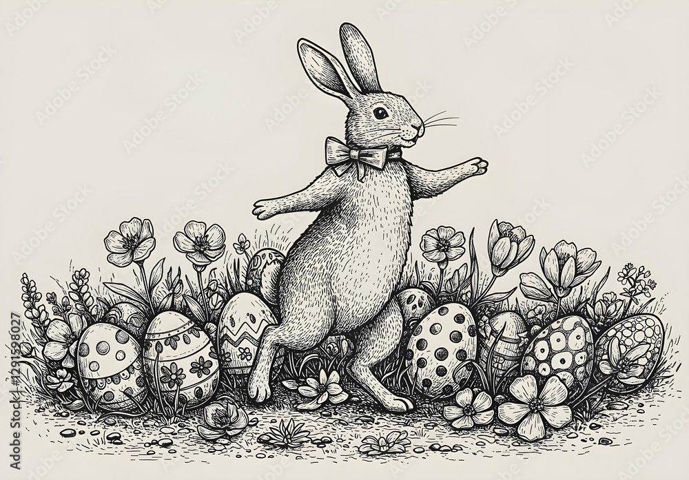 Easter bunny joyful rabbit dancing among decorated Easter eggs and spring flowers, engraved woodcut style, scratch board, vintage black and white illustration, festive holiday sketch