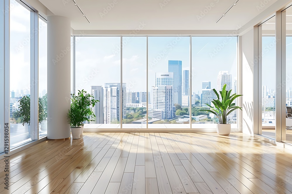 Fototapeta premium Modern Empty Home Office Room Interior With Blank Wall, Computer, Table, Bookshelf Mockup Frame -Ai