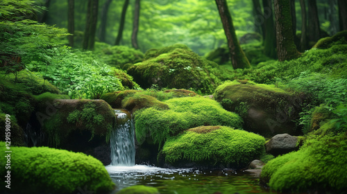 Serene Forest Stream with Moss-Covered Rocks