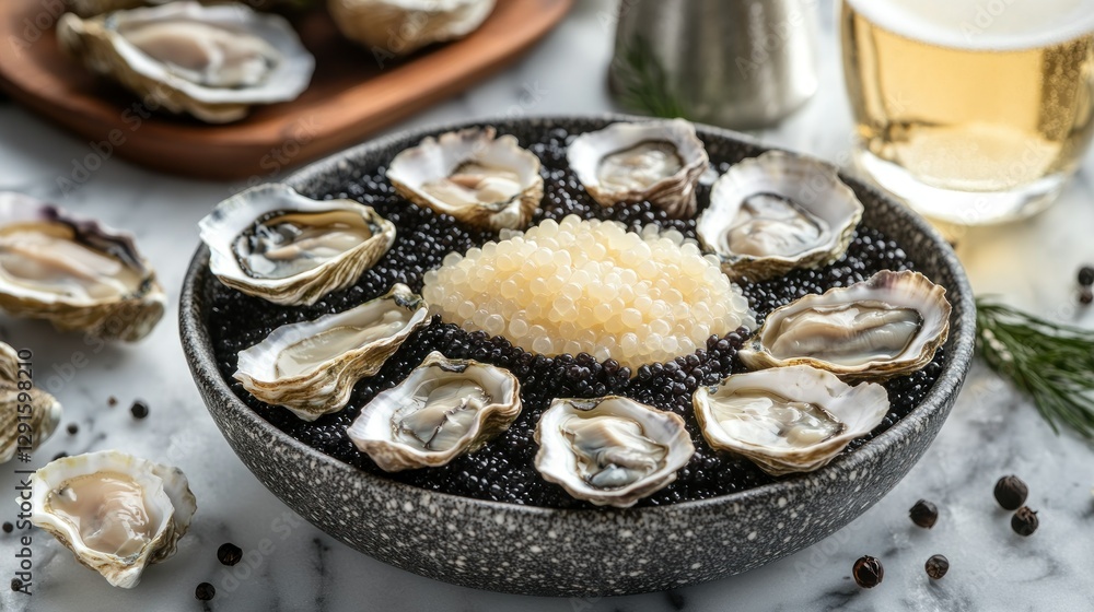 Oysters, caviar, and black pepper on marble, seafood appetizer Oysters, caviar, and black pepper on marble, seafood appetizer