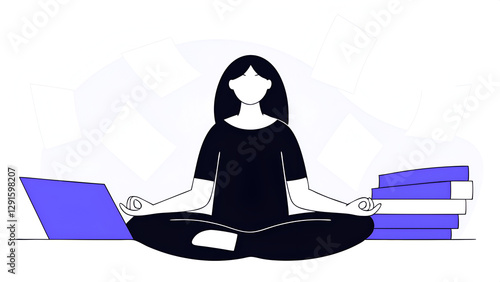 stress management meditation or relaxation to reduce anxiety control emotion during problem solving or frustration work concept woman in lotus meditation on chaos mess line with positive energy. photo