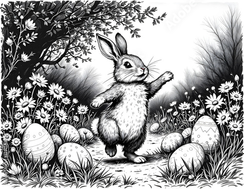Easter bunny joyful rabbit dancing among decorated Easter eggs and spring flowers, engraved woodcut style, scratch board, vintage black and white illustration, festive holiday sketch