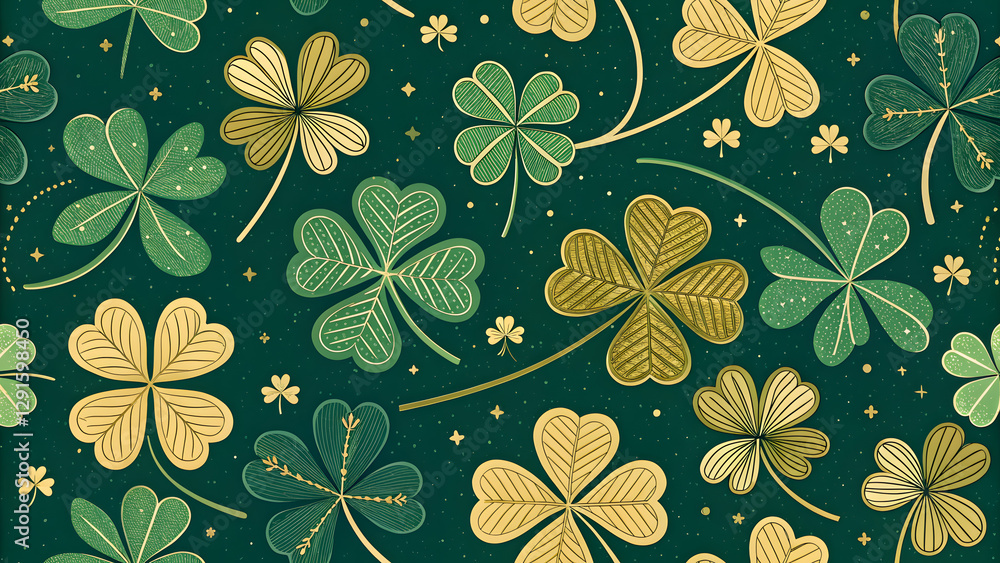 A repeating pattern of green and gold shamrocks, St. Patrick's Day A repeating pattern of green and gold shamrocks, St. Patrick's Day