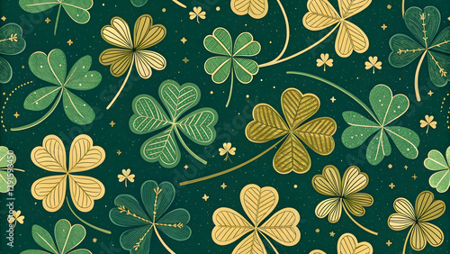 A repeating pattern of green and gold shamrocks, St. Patrick's Day