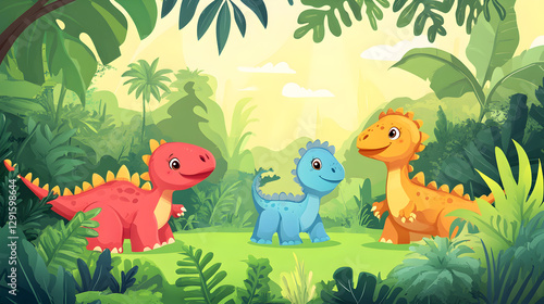 Fototapeta Naklejka Na Ścianę i Meble -  vector background featuring cute cartoon dinosaurs in a prehistoric jungle setting 