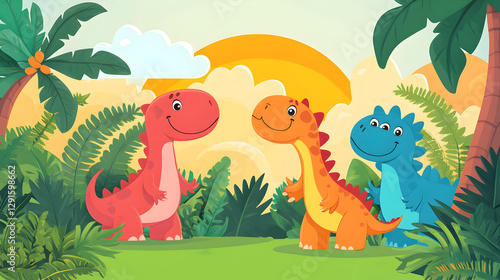 Fototapeta Naklejka Na Ścianę i Meble -  vector background featuring cute cartoon dinosaurs in a prehistoric jungle setting 