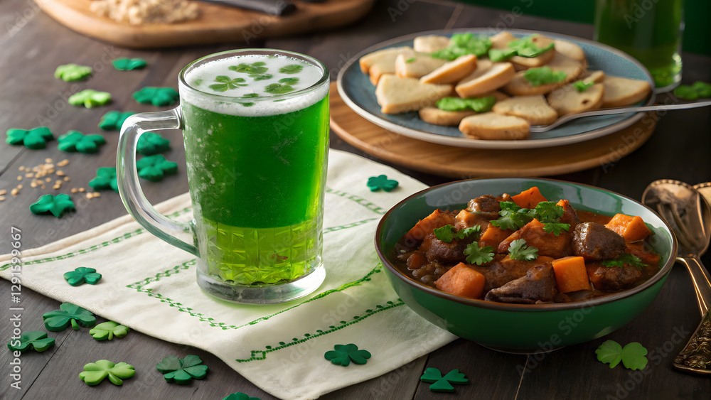 A table set with green beer, Irish stew, and shamrock-shaped cookies, St. Patrick's Day A table set with green beer, Irish stew, and shamrock-shaped cookies, St. Patrick's Day