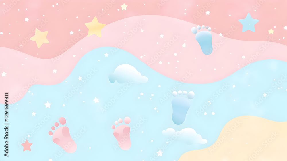 Fototapeta premium vector background with tiny footprints, stars, and clouds in pastel colors 