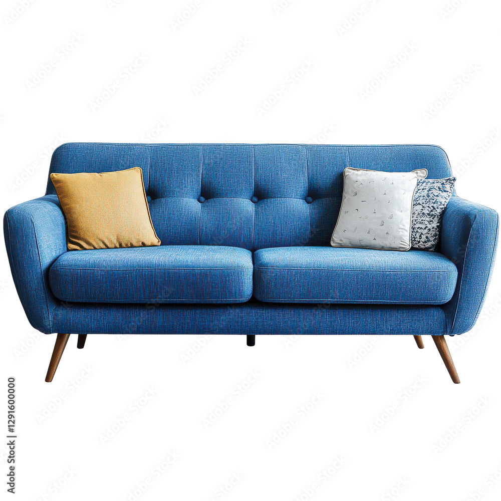 Fototapeta premium Stylish Blue Sofa with Throw Pillows Home Decor Modern Furniture, isolated on transparent background