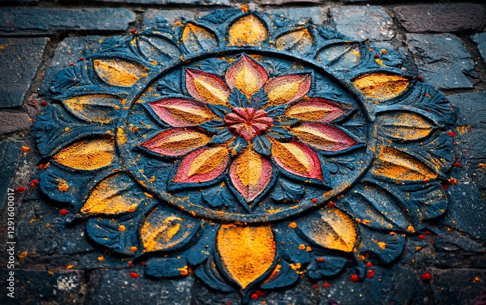 Intricate floral mandala design carved in stone, adorned with yellow and red powder. Intricate floral mandala design carved in stone, adorned with yellow and red powder.