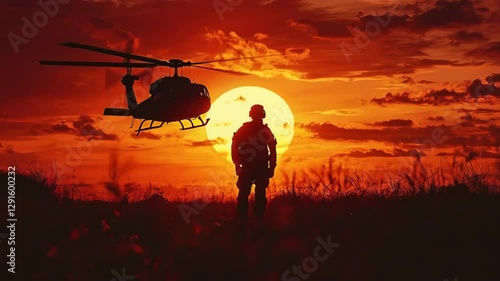 video of silhouette of soldiers and a helicopter against a sunset backdrop, symbolizing protection, patriotism, and honor. 