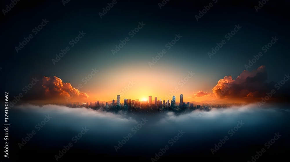 Fototapeta premium Glowing symmetrical cityscape skyline silhouetted against a moody dark nighttime landscape with dramatic lighting and atmospheric ambiance